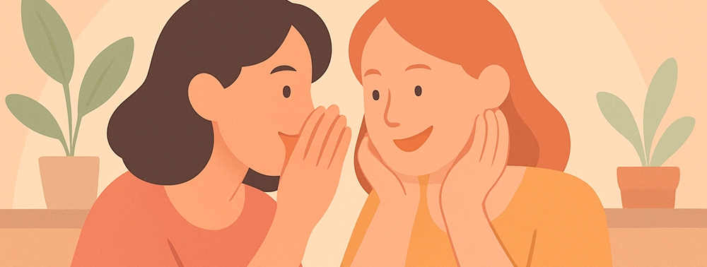 Birbirlerinin kulağına fısıldayan iki kadın illüstrasyonu.