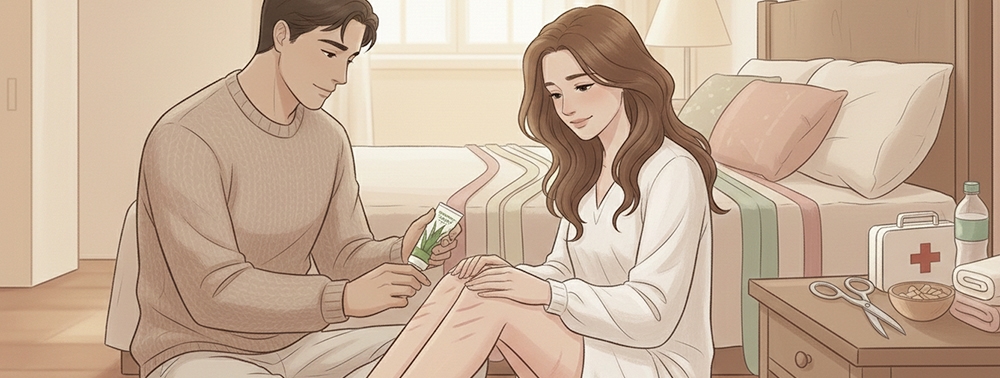 dizleri yaralanmış kadına pansuman yapan adam illüstrasyonu