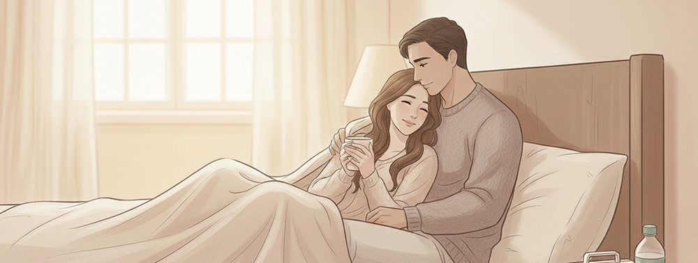 yatakta birbirine sarılan çift illüstrasyonu