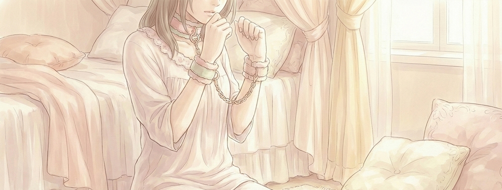 Diz çökmüş ve bilekleri boyun tasmasına bağlı kadın illüstrasyonu