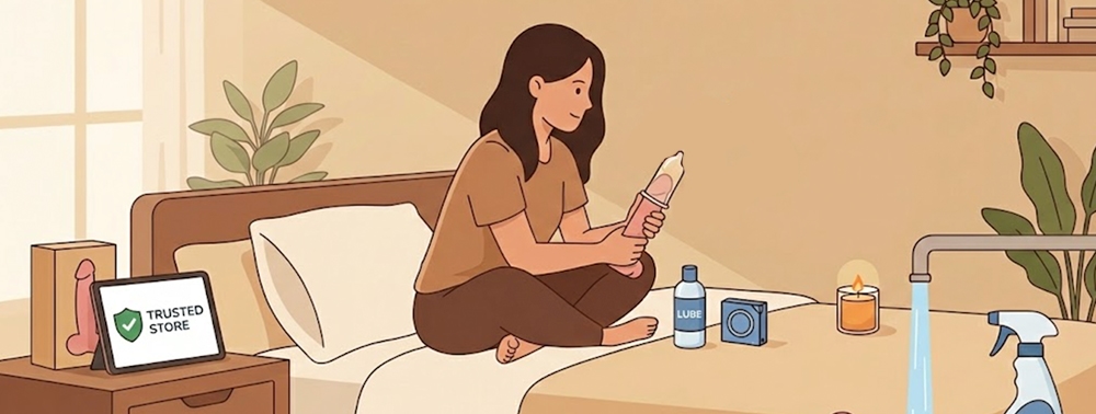 yatağında titreşimli dildosuna kondom takan kadın illüstrasyonu