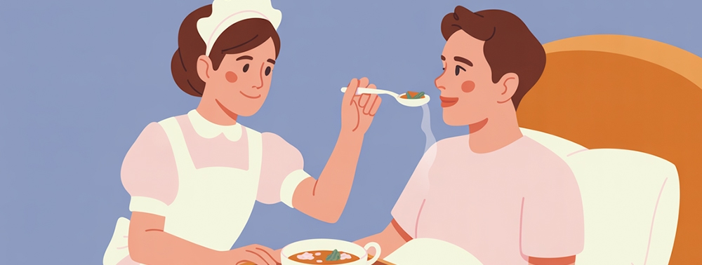 Tatlı ve Şefkatli Hizmetçi, Hasta Patronuyla İlgileniyor Minimal İllüstrasyonu