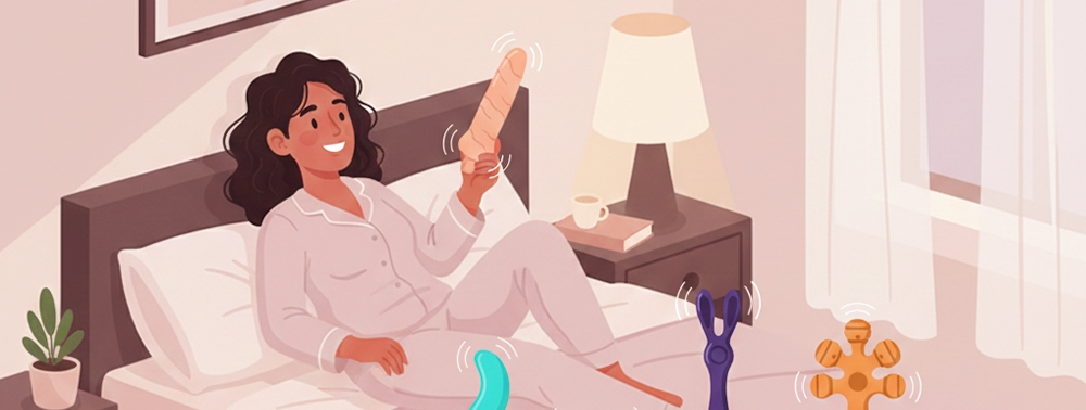 yatağında elinde titreşimli dildo tutan kadın resmi