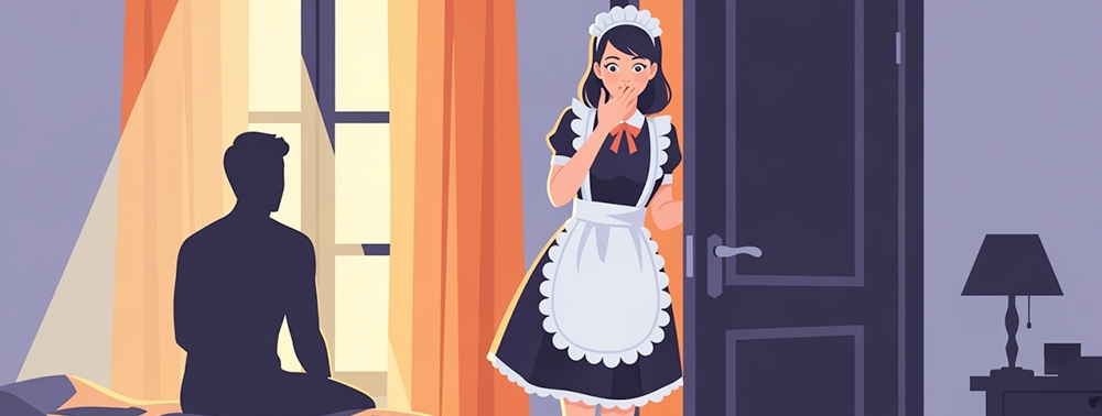 Şaşkın bir hizmetçi gece yarısı patronunun odasında minimal illüstrasyon