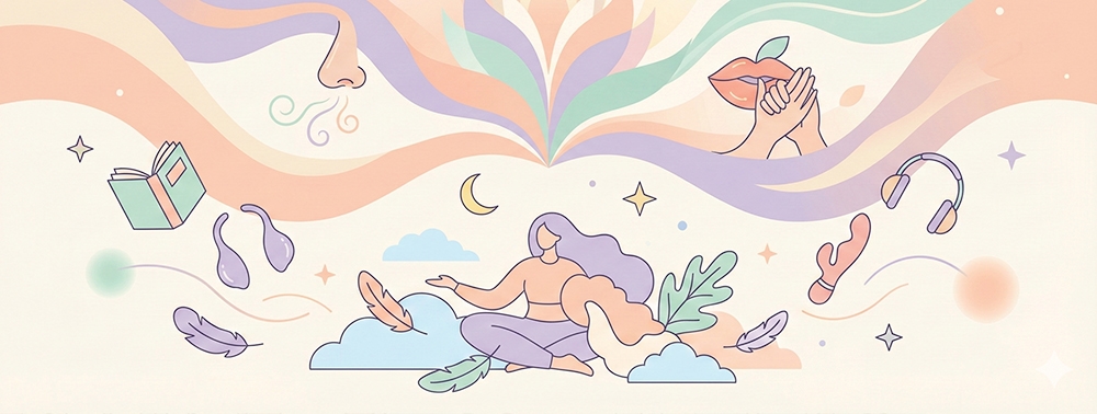 meditasyon yapan kadın ve çevresinde metaforik öğeler illüstrasyonu