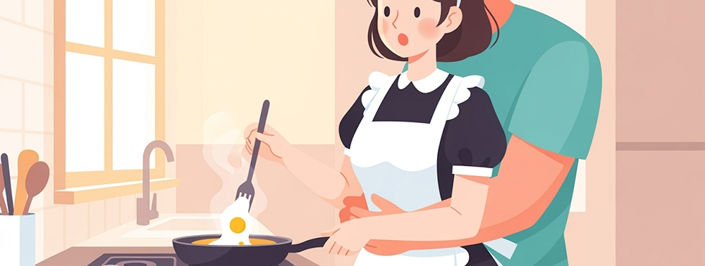 Mutfakta yumurta pişiren hizmetçi ve yanında patronu resmedilen minimal illüstrasyon