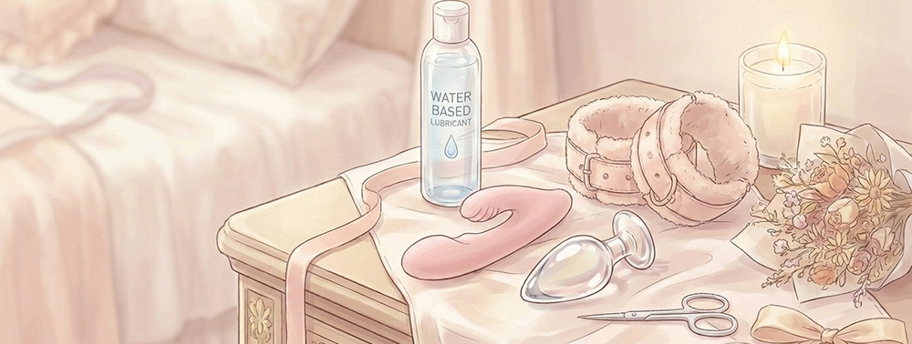 bir masanın üzerinde duran kelepçe, anal plug, makas, kayganlaştırıcı vb. ürünlerin illüstratif çizimi