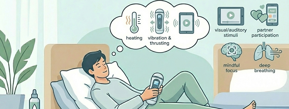 elinde mastürbatörle keyif artırma yollarını düşünen erkek resmi