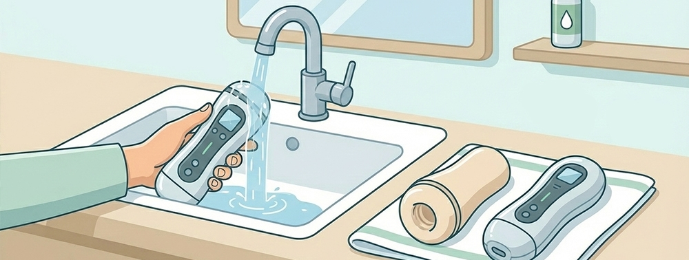 mastürbatörün suyla temizliğini gösteren illüstratif çizim