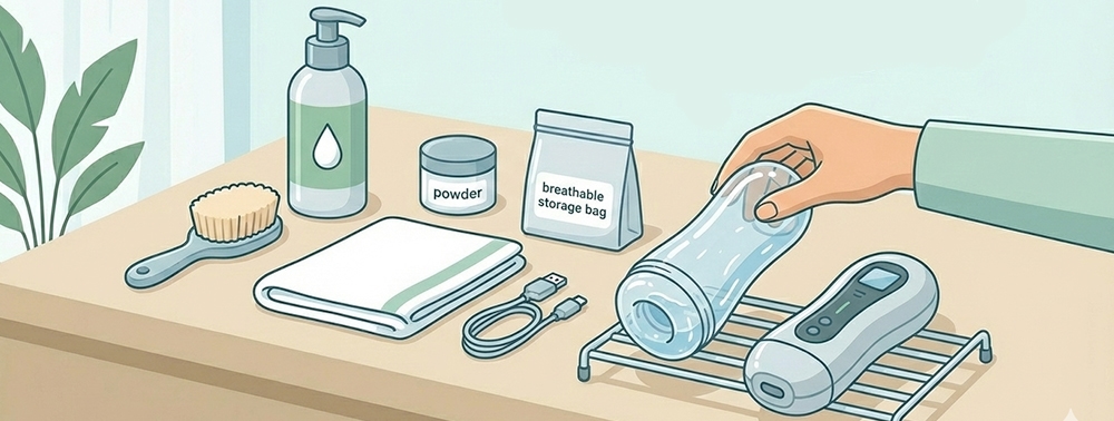 mastürbatör temizlik ve bakım aletlerini gösteren illüstratif çizim