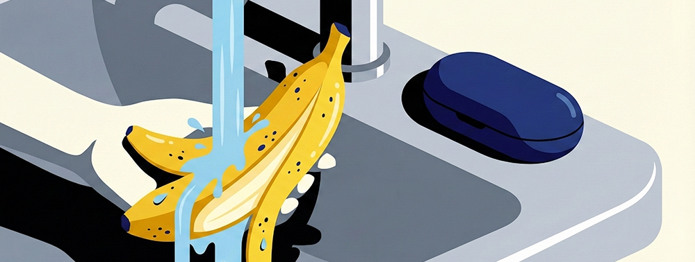 muzla mastürbasyon yapmadan önce muslukta muz yıkama aşamasını gösteren çizim